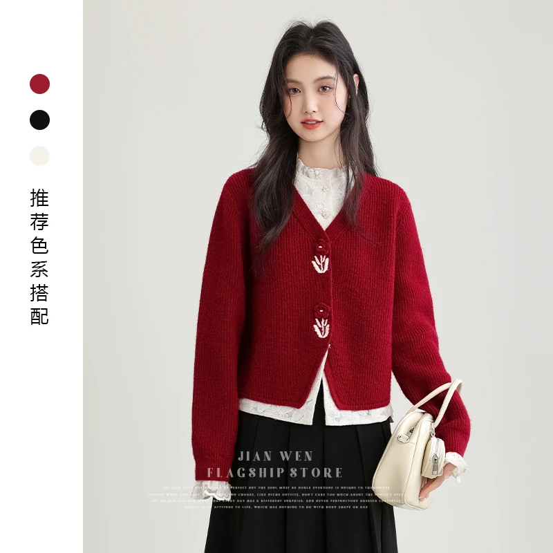 2024秋冬新款圣诞红假两件保暖毛衣开衫女宽松蝴蝶结针织衫厚上衣