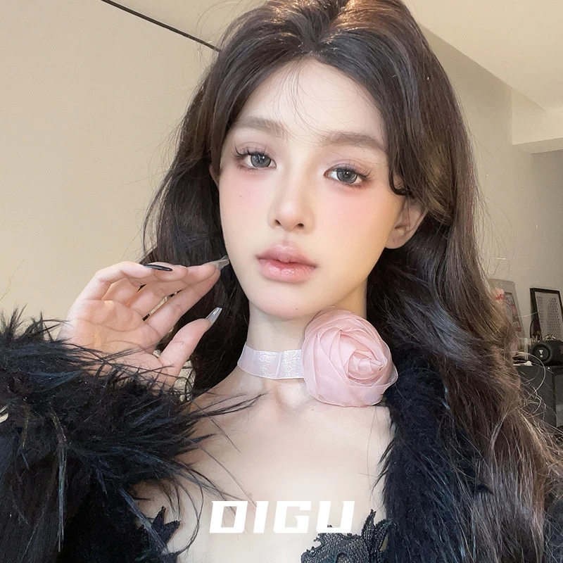 嘀咕家 铜合金布艺项链 甜美玫瑰颈链choker短款花朵项链锁骨链女