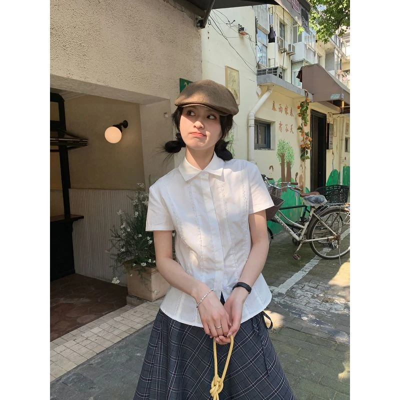 学院白色蕾丝花边短袖衬衫设计夏季新款收腰修身甜美jk制服套装女