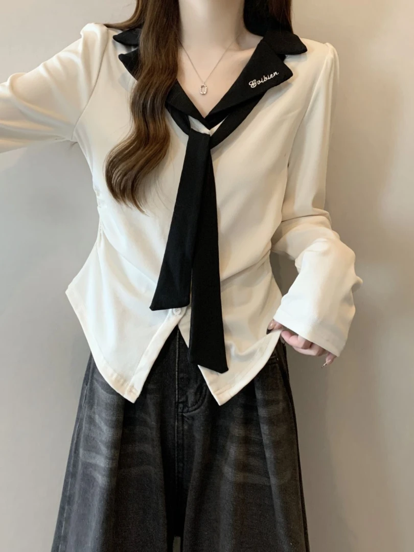 春秋300斤大码撞色polo领带长袖T恤女胖mm高冷酷飒显瘦遮肚上衣女