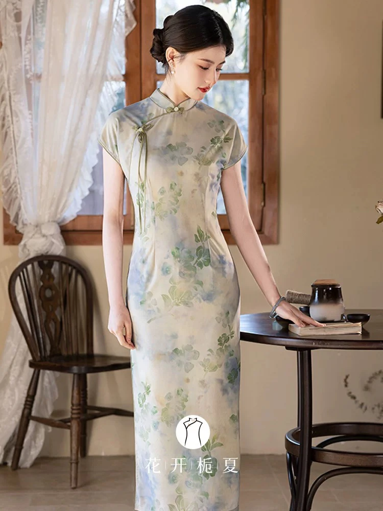 389 年轻款花扣长款|幽蓝提韵|旗袍