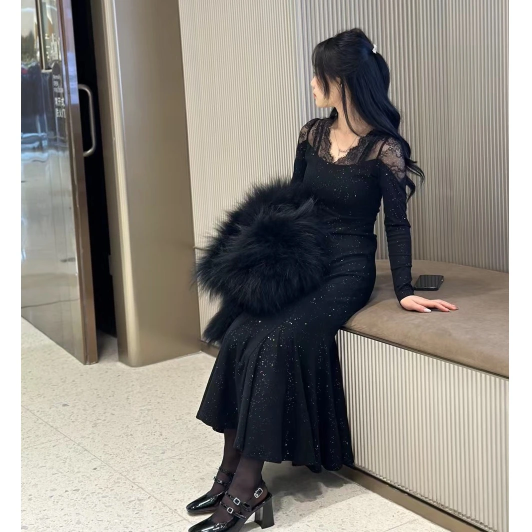 KNJ小个子定制<满天星步步生莲>蕾丝拼接重工烫钻气质包臀连衣裙