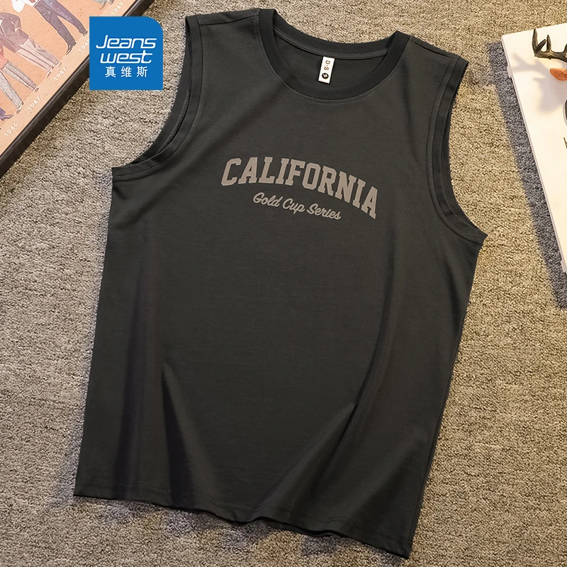 Jeanswest/真维斯男士健身无袖坎肩夏季潮牌印花宽松纯棉休闲背心