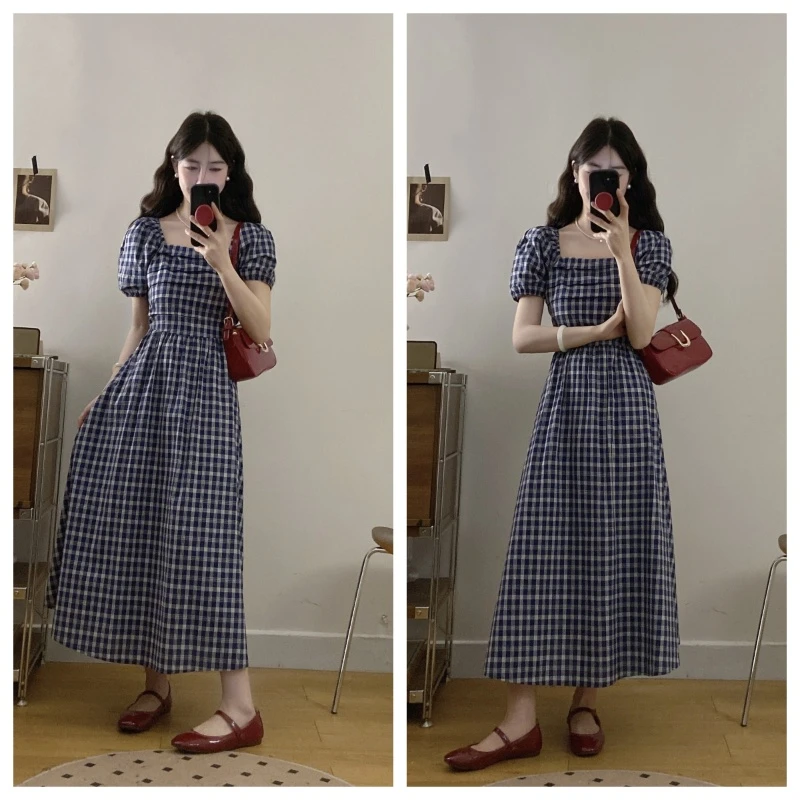 2025夏季大码女装新款时尚收腰显瘦泡泡袖a字穿搭长款短袖连衣裙