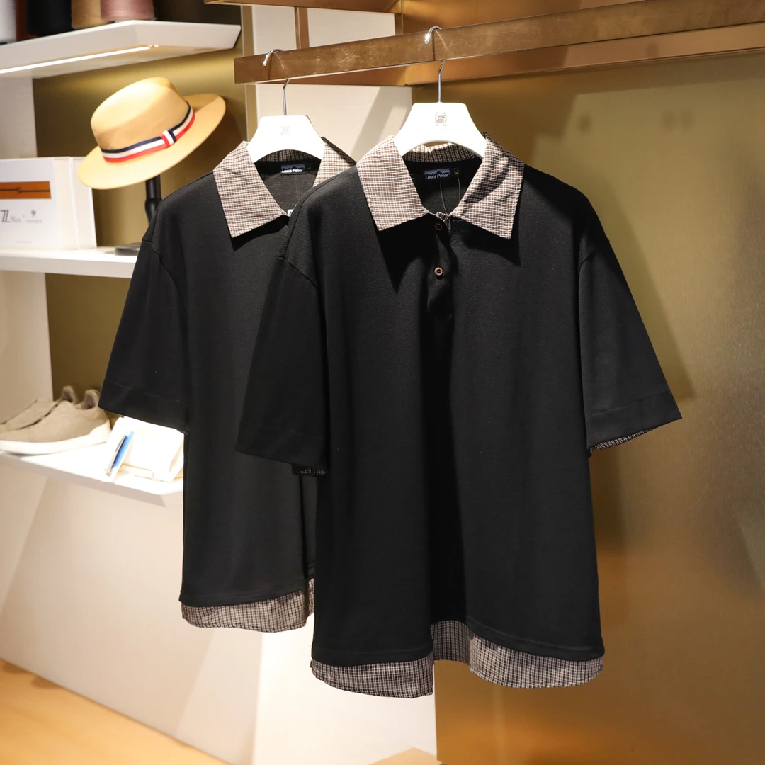 2025夏季新款男士拼接千鸟格翻领假两件千鸟格纯棉短袖POLO衫1124