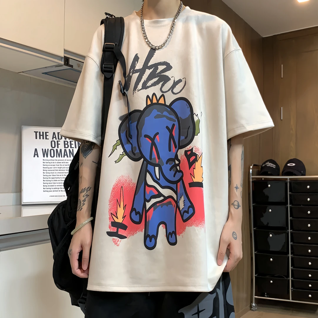 特大码300斤卡通小象设计感仿麂皮绒短袖t恤男女夏季宽松显瘦上衣