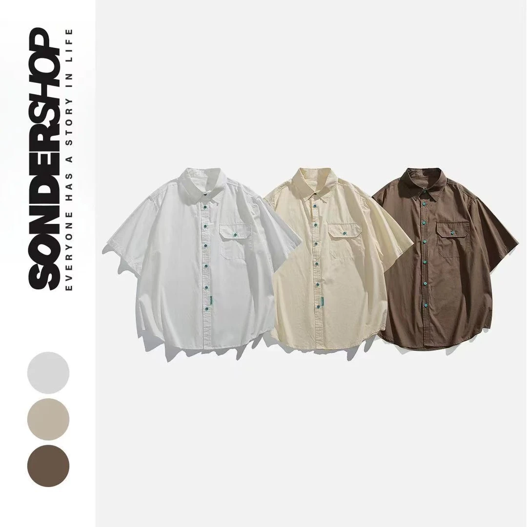 青春校园风潮流撞色纽扣短袖宽松纯色纯棉男女衬衫-3157