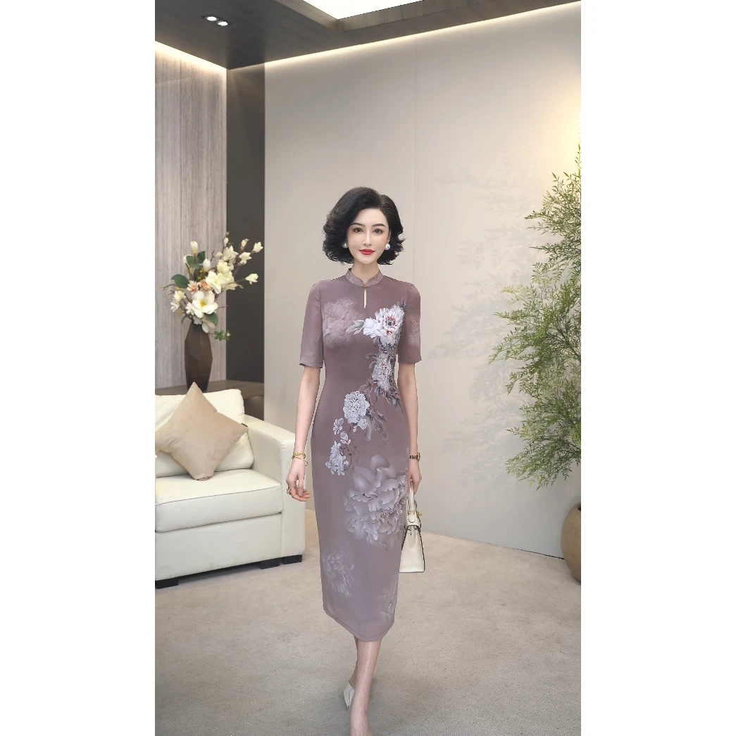 2025夏季（粉黛天香）旗袍领定位花莱赛尔天丝冰羽纱连衣裙WF3227