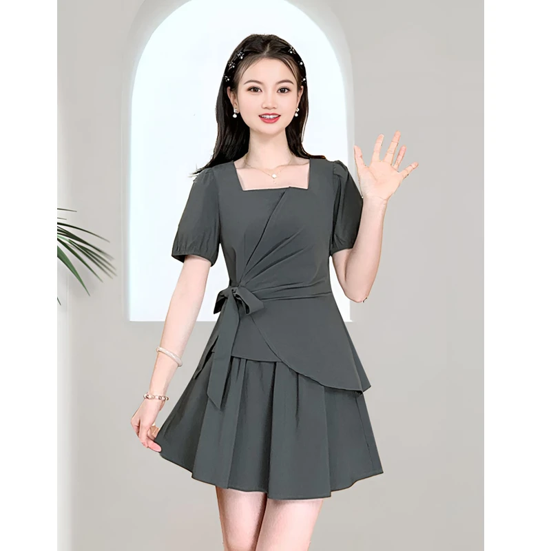 ASY/2025夏季短袖不规则绑带蝴蝶结套裙显瘦小个子短款收腰时尚