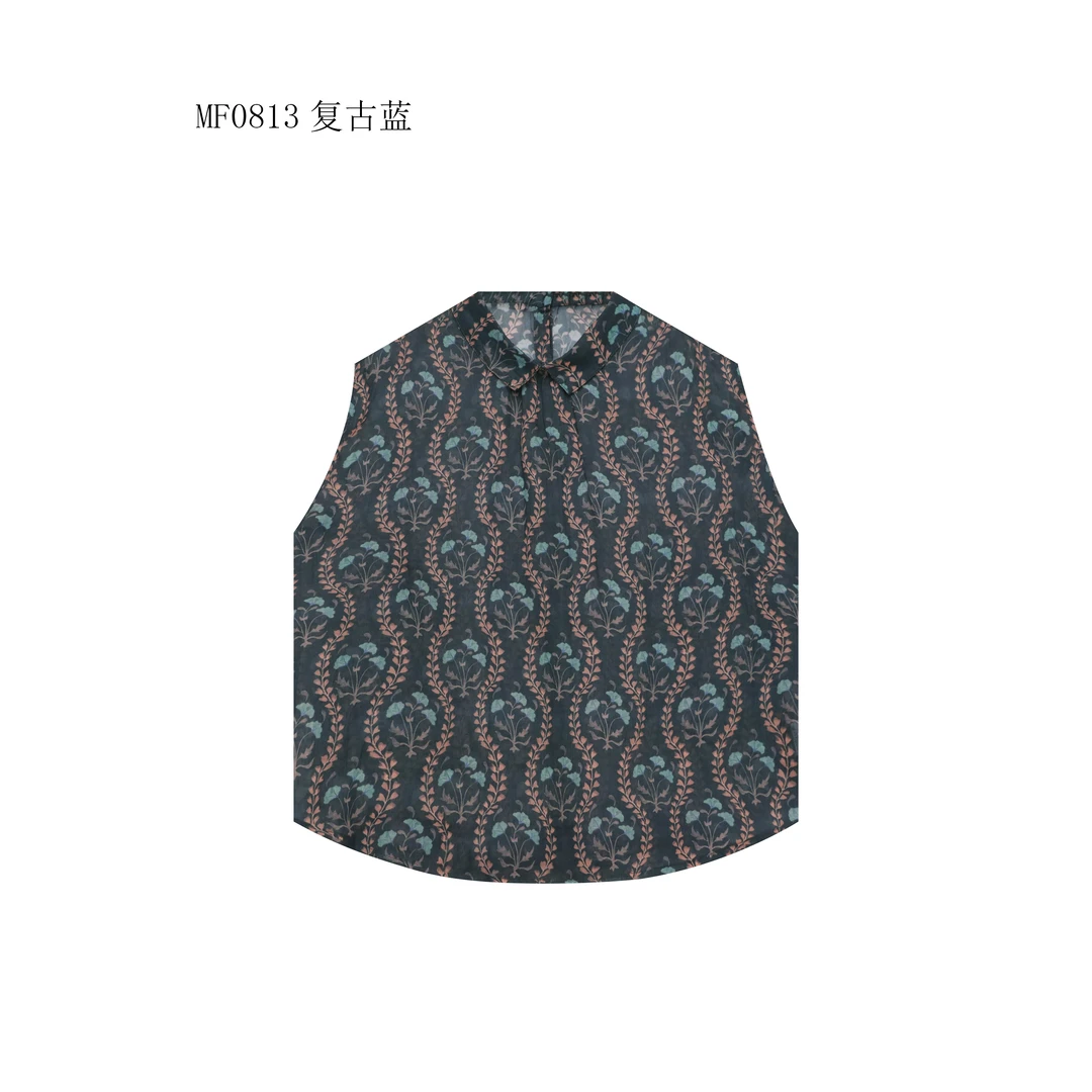 【麻訪家】MF0813复古蓝文艺印花气质不规则百搭坎肩上衣