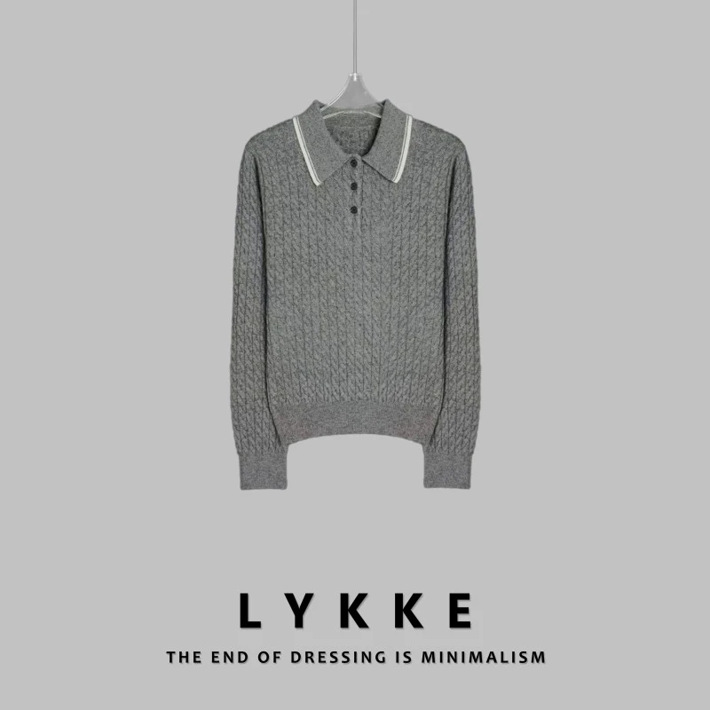 LYKKE 25新款羊毛细腻polo条纹领绞花减龄百搭针织上衣-E544