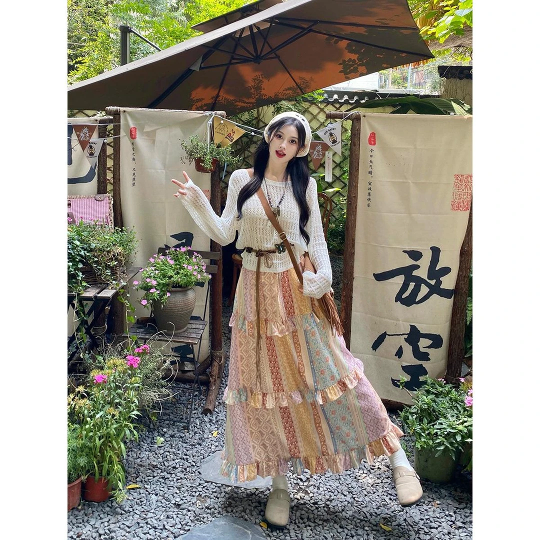 大码女装北岛信封 度假旅游穿搭套装民族风半身裙镂空上衣