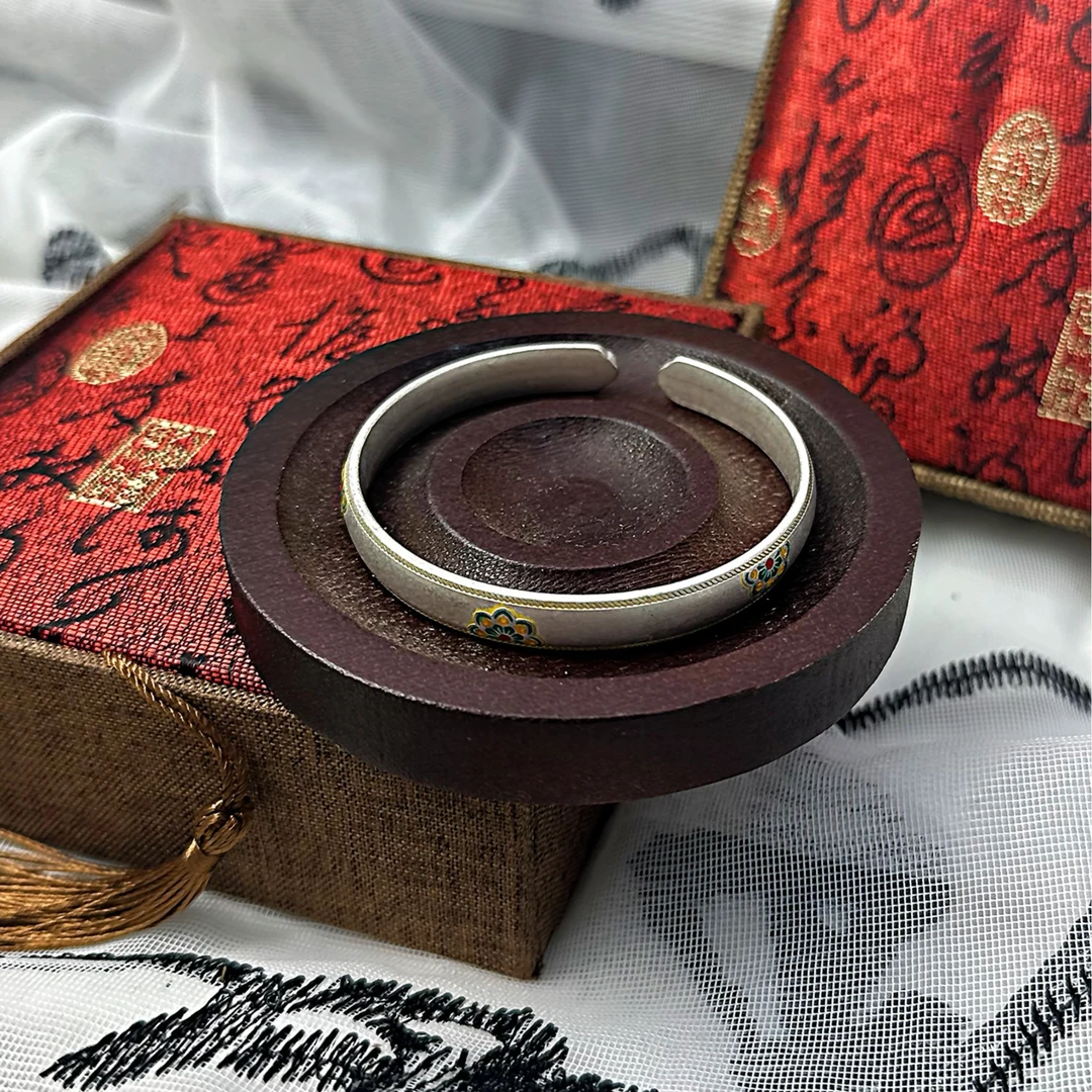 足银手镯 190 珐琅五朵宝相花手镯百搭手工时尚复古