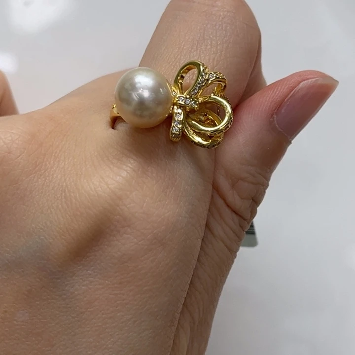 戒圈银S925镶嵌海水珍珠金珠 9-10mm 30号