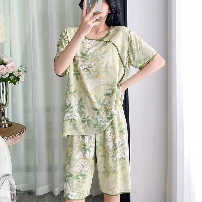棉绸睡衣女短袖短裤夏季薄款人造棉大码宽松家居服甜美可爱套装女