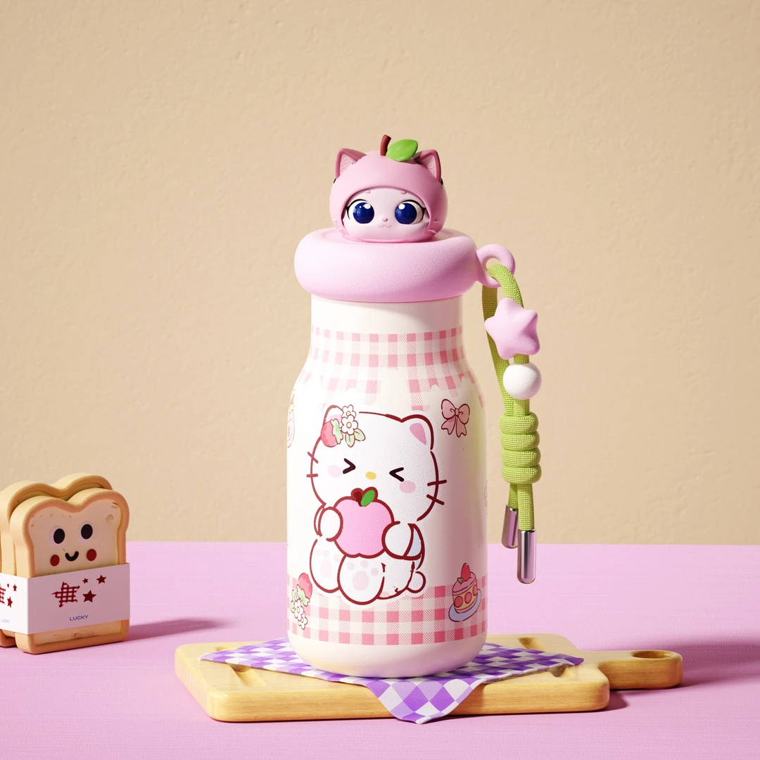 奇古堂动物派对高颜值保温杯女生大容量学生便携吸管陶瓷大肚水杯