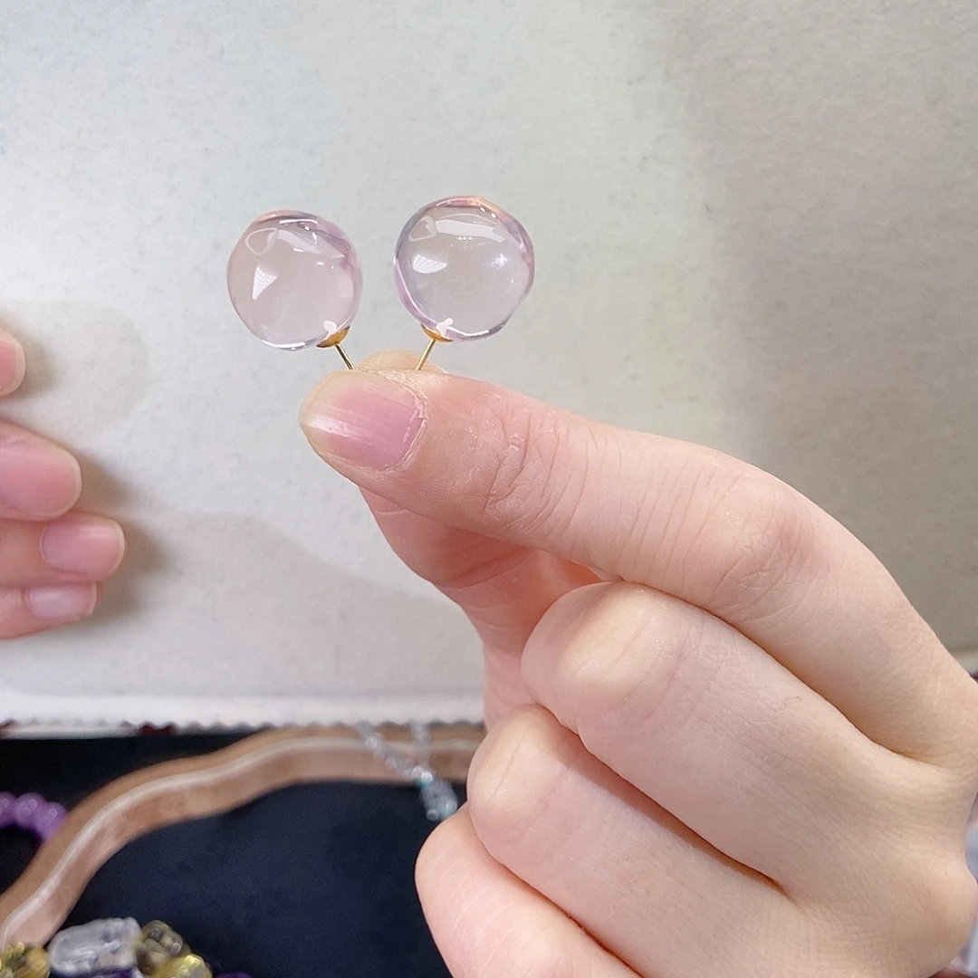 芙蓉石耳饰18K金镶嵌^***天冰菊粉菠萝珠