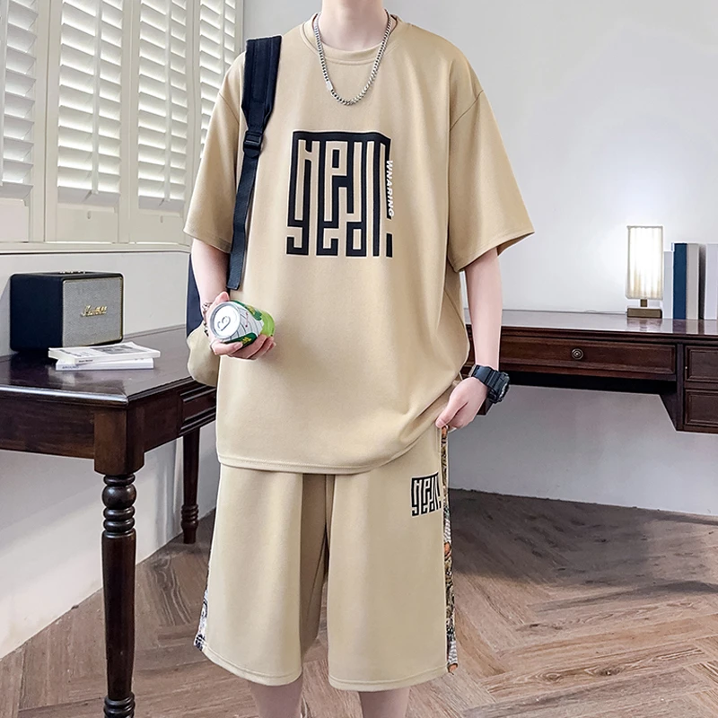 休闲运动套装男青少年潮流一套衣服宽松大码五分裤两件套短袖T恤