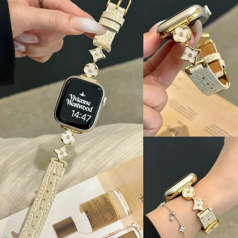 鳄鱼纹圆圈四叶草皮真皮表带适用苹果手表S10/9华为8/9小米手环