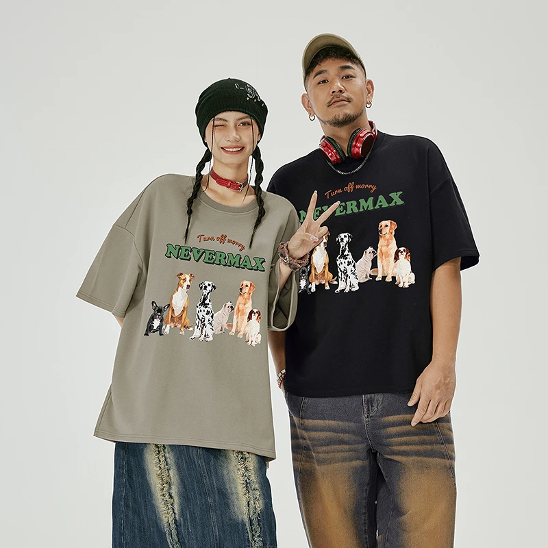 NMAX大码潮牌男装25年夏趣味狗狗印花短袖T恤宽松情侣装FNT076
