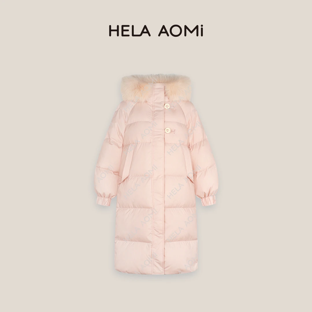 HELA AOMI“粉雾马卡龙”长款白鸭绒羽绒服连帽毛领外套CY4DM74509
