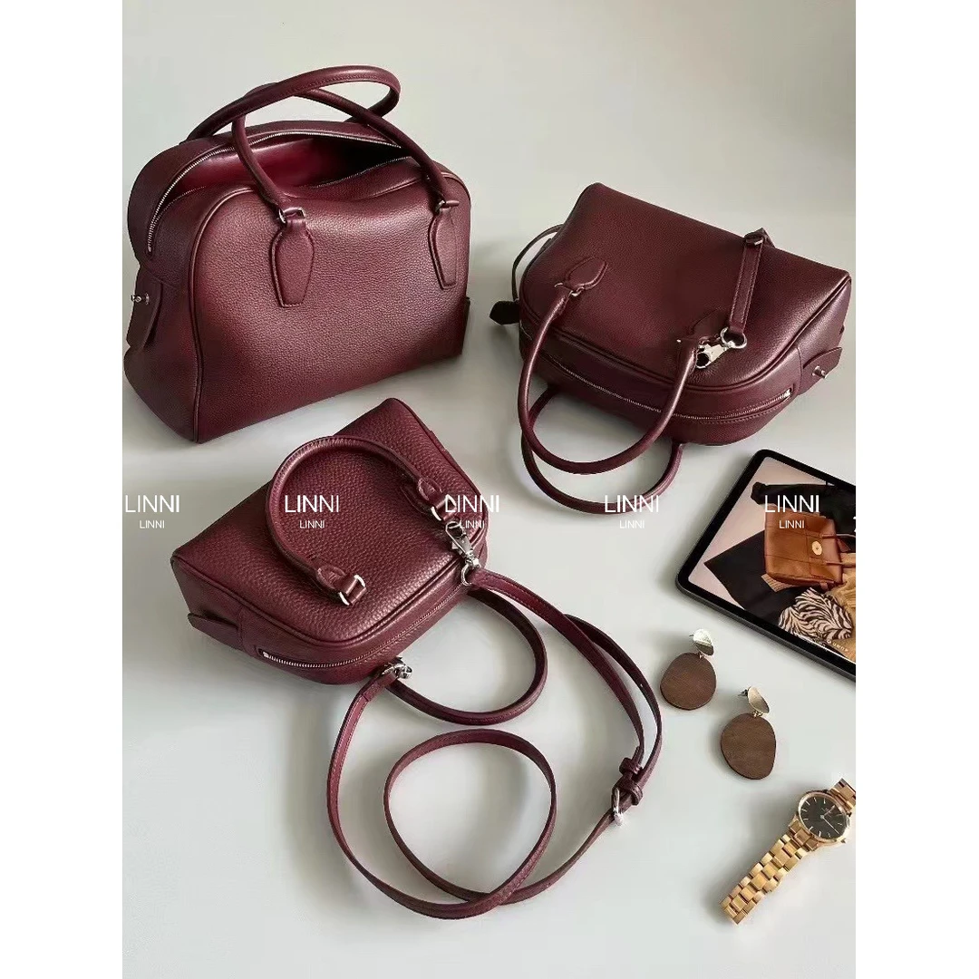 LINNI进口牛皮｜高质感头层摔纹牛皮保龄球手提包通勤大容量枕头包