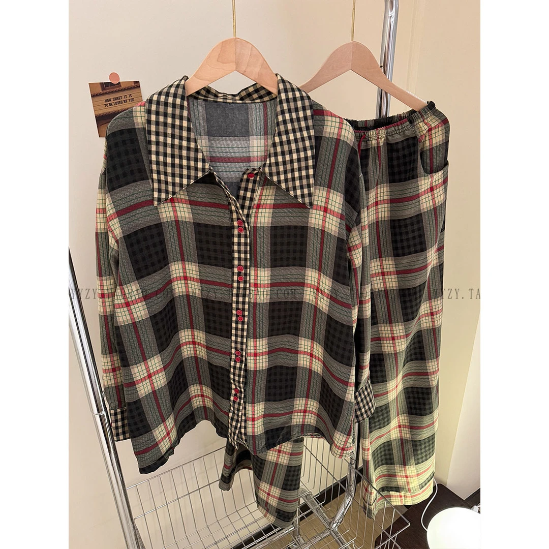 【拼色格纹】韩版复古睡衣女2025春秋高级感舒适家居服长裤两件套