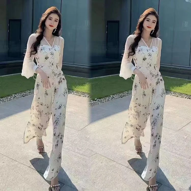 网红2024夏季新款印花拼接上衣显瘦阔腿裤两件套潮气质时尚套装女