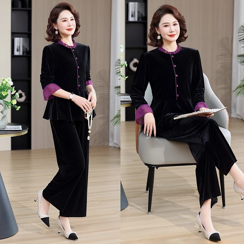 妈妈春装时尚新款套装贵夫人气质小衫中老年女春秋季减龄两件套