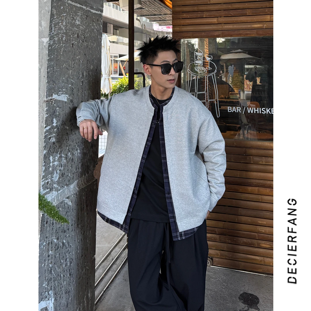 秋季内襟假两件拼色格子休闲高级感百搭长袖宽松男士外套开衫卫衣