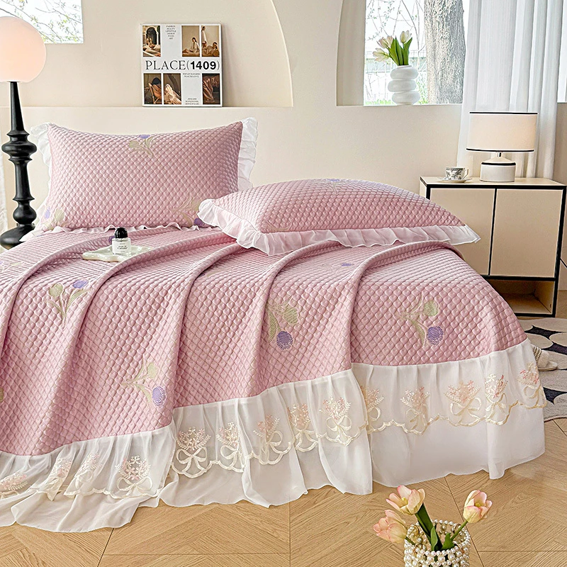 夏季冰丝冰豆豆床盖凉席三件套花边凉感床单垫床罩公主床裙可机洗