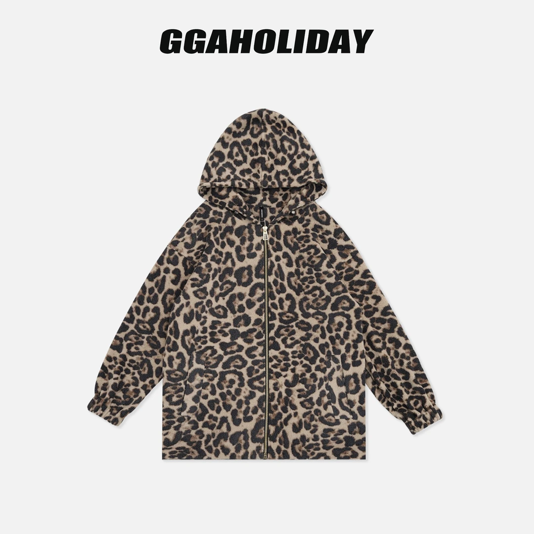 GGAHOLIDAY时尚休闲连帽宽松秋冬豹纹中长款开衫豹纹外套-153116