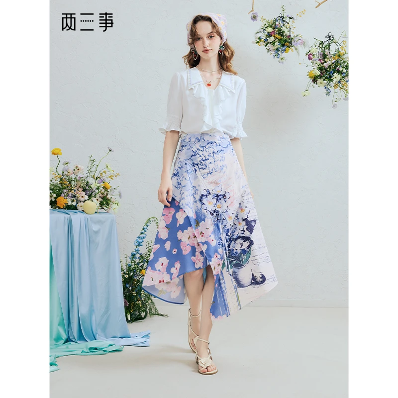 两三事未完画卷法式抽绳绑带不规则印花半身裙