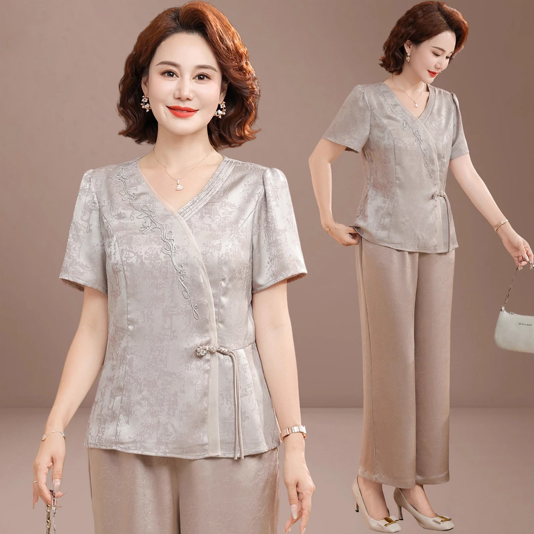 妈妈夏装雪纺套装时尚洋气减龄端庄优雅大气贵夫人中老年女新中式