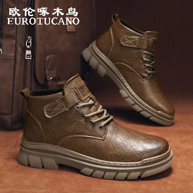 欧伦啄木鸟EUROTUCANO男鞋复古英伦休闲皮靴子男款防滑厚底马丁靴