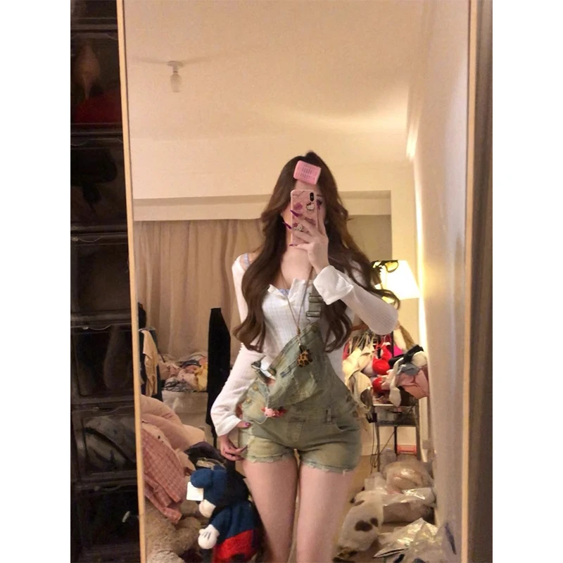 2025夏季新款落跑甜心~美式复古气质做旧牛仔背带短裤子女T恤套装