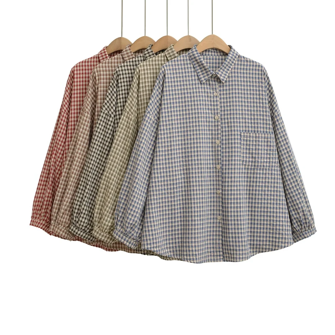 RY25213韩系复古格子长袖衬衫宽松休闲上衣