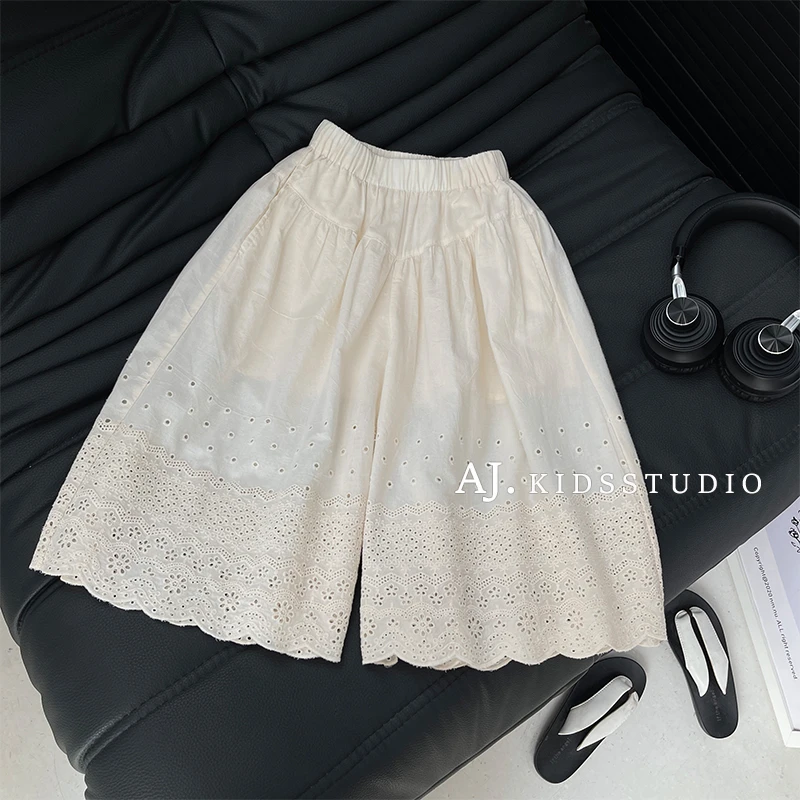 现【白桃布蕾】阿卷女童薄款镂空蕾丝休闲阔腿钩花裤八分裤MPG6249