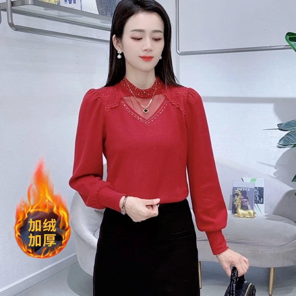 A7807法式长袖打底衫女冬季新款洋气显瘦加绒上衣