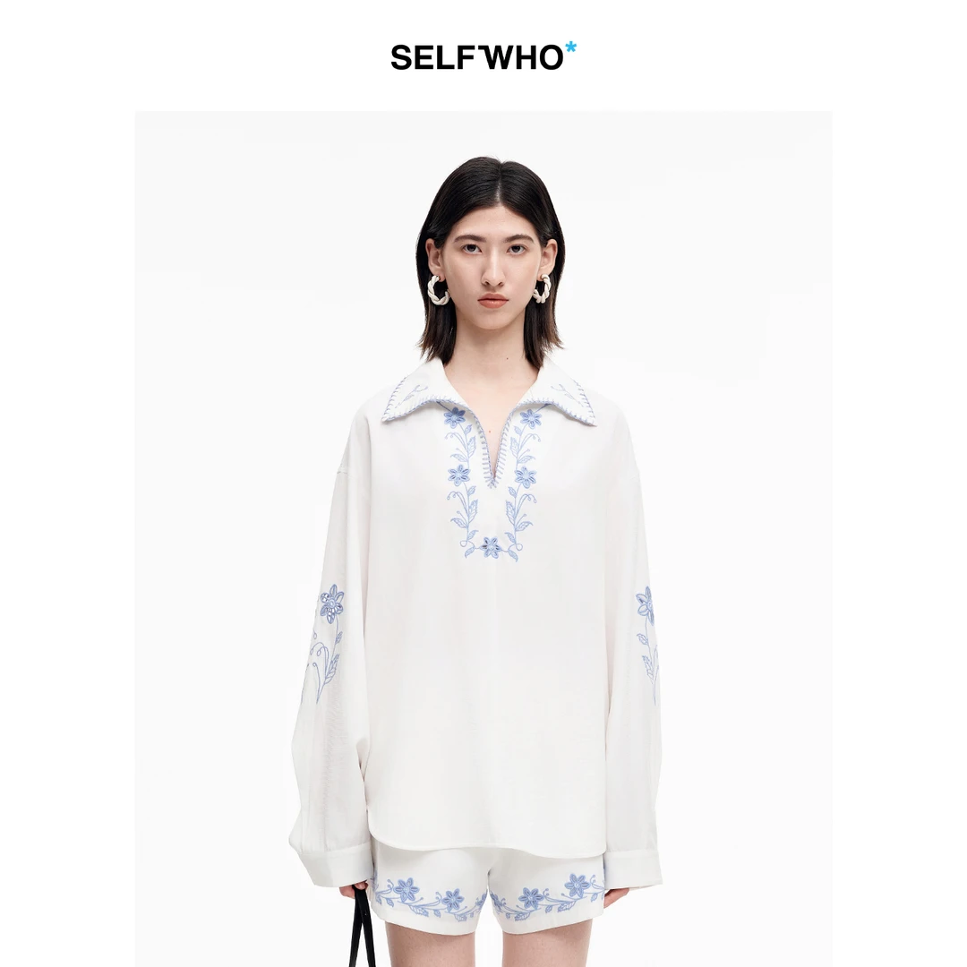 SELFWHO天丝亚麻混纺绿绒蒿镂空绣花衬衫2025秋季新款宽松V领上衣
