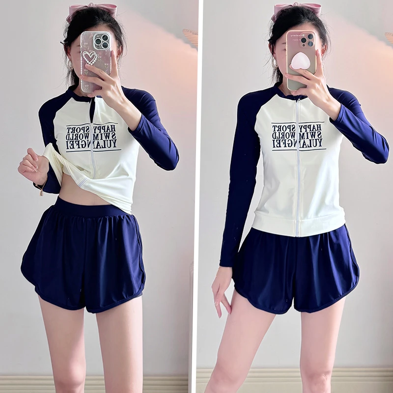 分体泳衣女高级感2025新款长袖泡温泉度假泳装学生游泳馆专用泳装