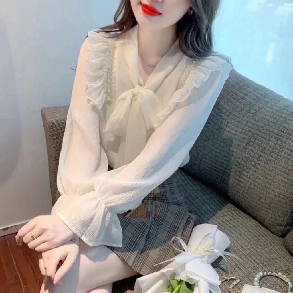 2025春秋新款长袖短袖法式蝴蝶结系带百搭荷叶边上衣显瘦