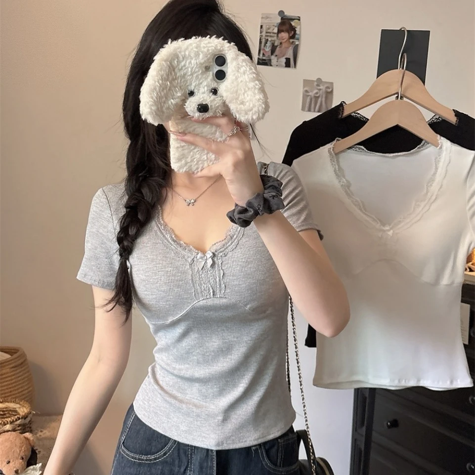 5092修身型性感风V领打底衫蕾丝T恤螺纹背心上衣夏季时尚百搭内搭