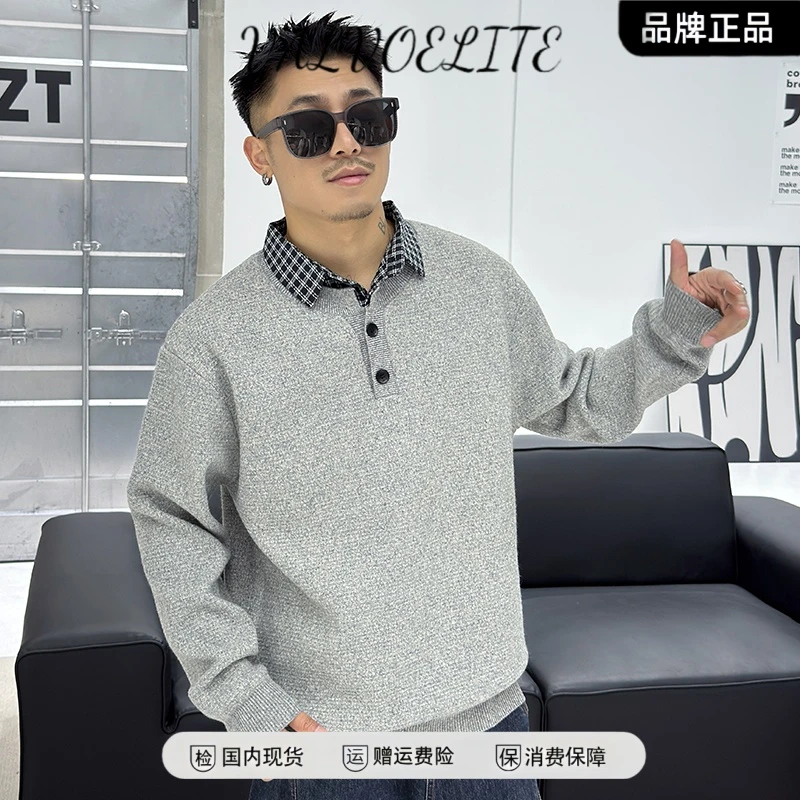 毛绒感翻领拼接假两件卫衣男秋季2025新款宽松潮流春秋装厚款上衣