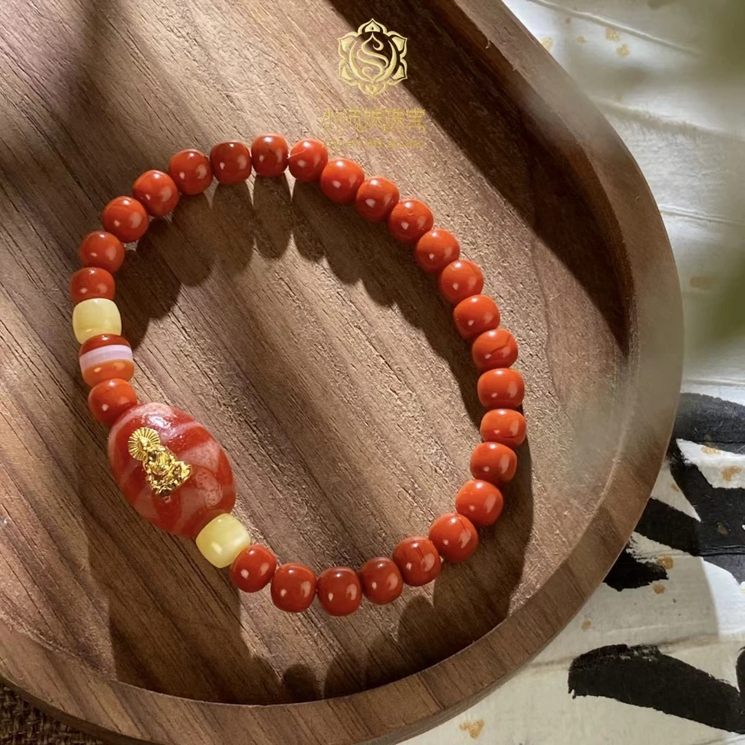 扶摇臻选|18K金镶红肉双牙牙玛瑙手串