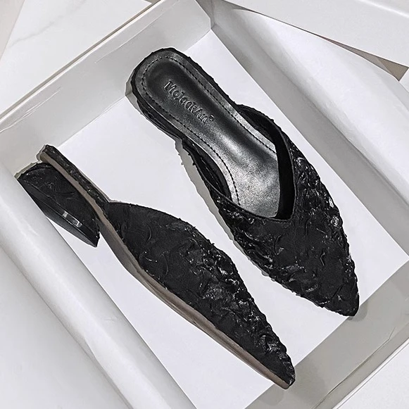 百搭绸缎2025夏季新款百搭半托单鞋女尖头包头半拖鞋女穆勒鞋凉拖