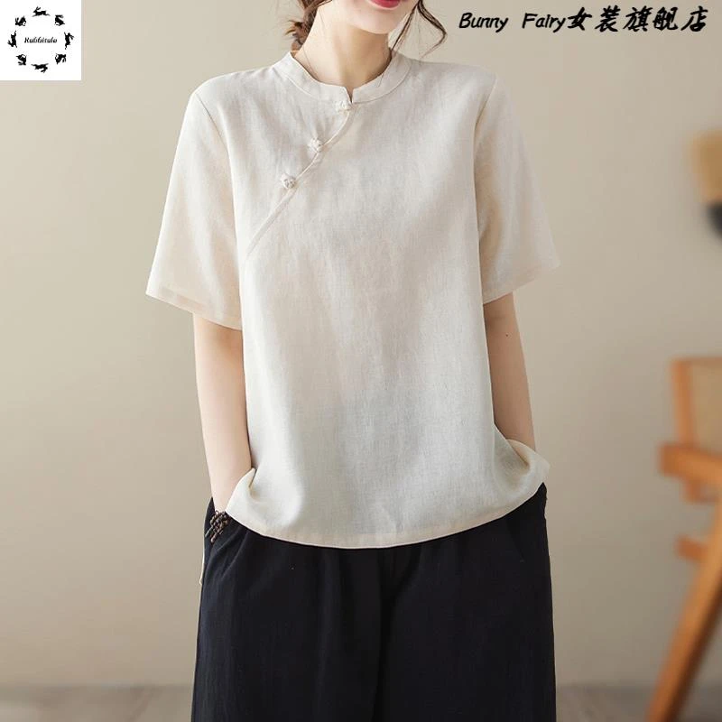 禅意女装新中式茶服棉麻唐装中国风古装盘扣上衣汉服女款夏季短袖