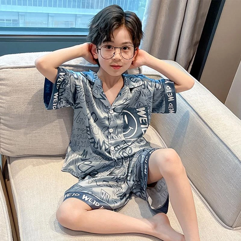 FAVMARTHA男童冰丝睡衣夏季2025新款儿童短袖家居服网红大童男孩