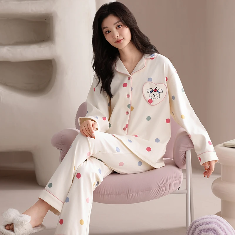 莉莉家100%纯棉家居服翻领开衫睡衣女舒适亲肤简约小狗家居服套装