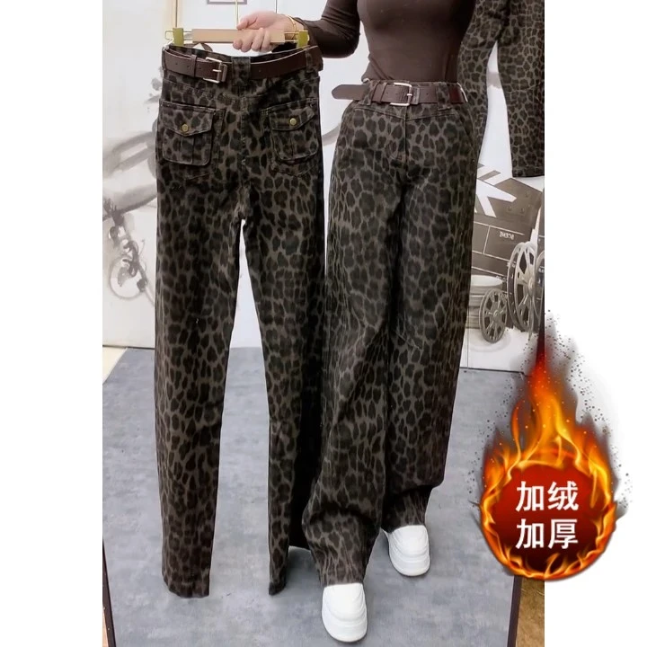 炸街网红款痞帅美式豹纹加绒牛仔裤今年流行百搭直筒裤女